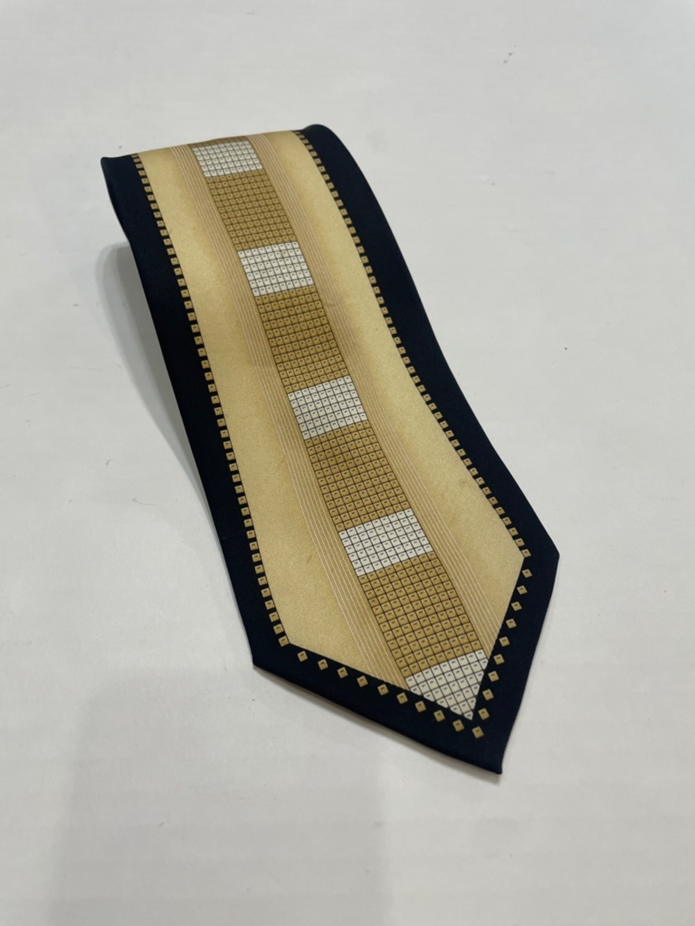 Versani Gold and black Geometric Stripe Tie. 100%silk. Spots.